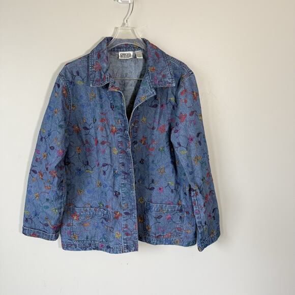 Chico’s Whimsical Floral Embroidered Denim jacket Sz 2 US L/12 Boho Hippie Gypsy - Picture 2 of 6